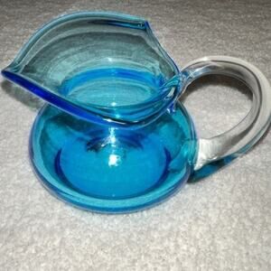 Vintage Bischoff Blue 4” Art Glass Pitcher Carafe w/ Glass Handle Jug MCM Decor